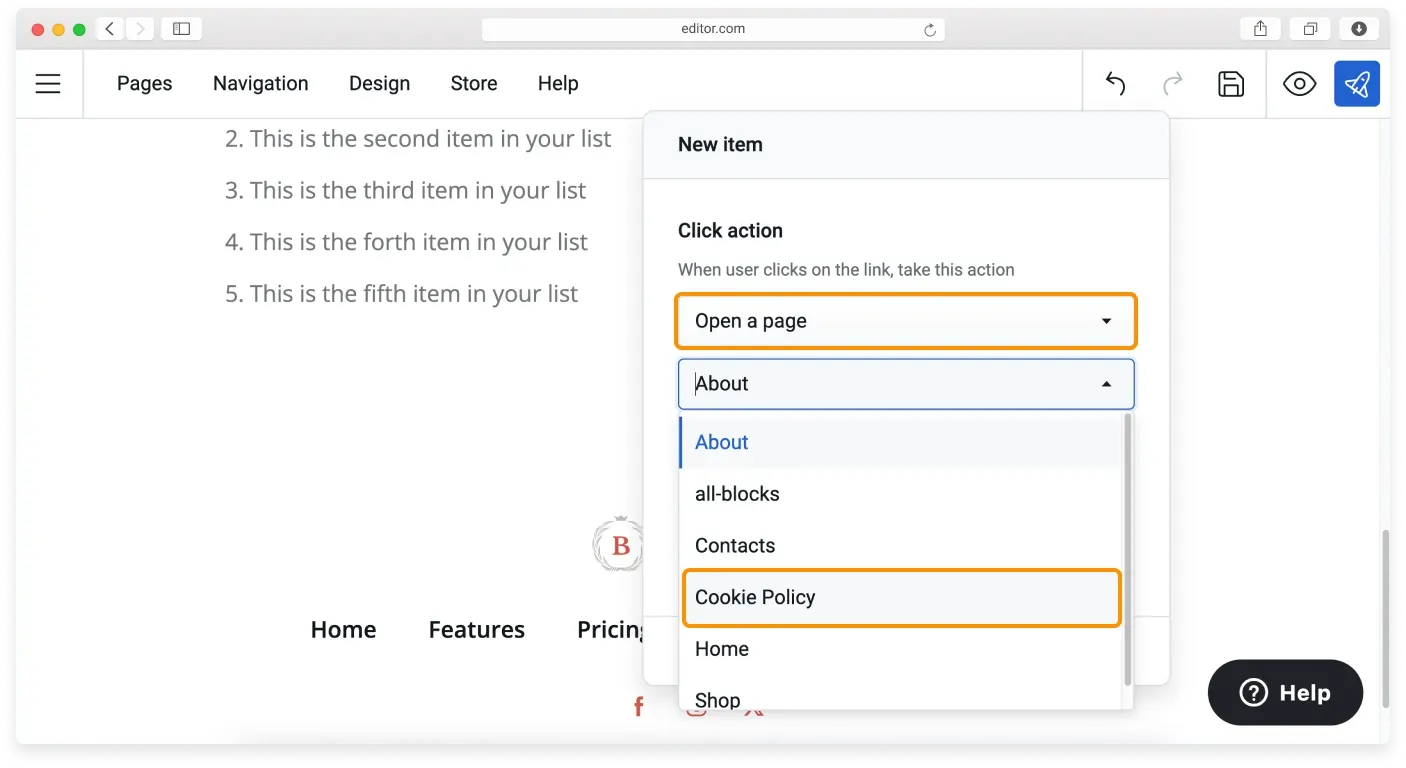 Footer List settings with Open a page chosen and the Cookie Policy page selected