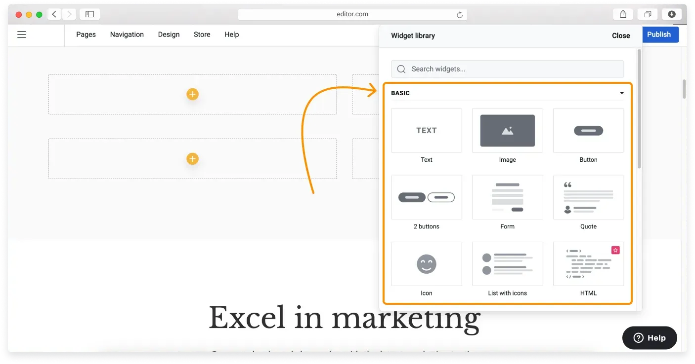 The Basic widgets section listing text, image, button, form, and other elements