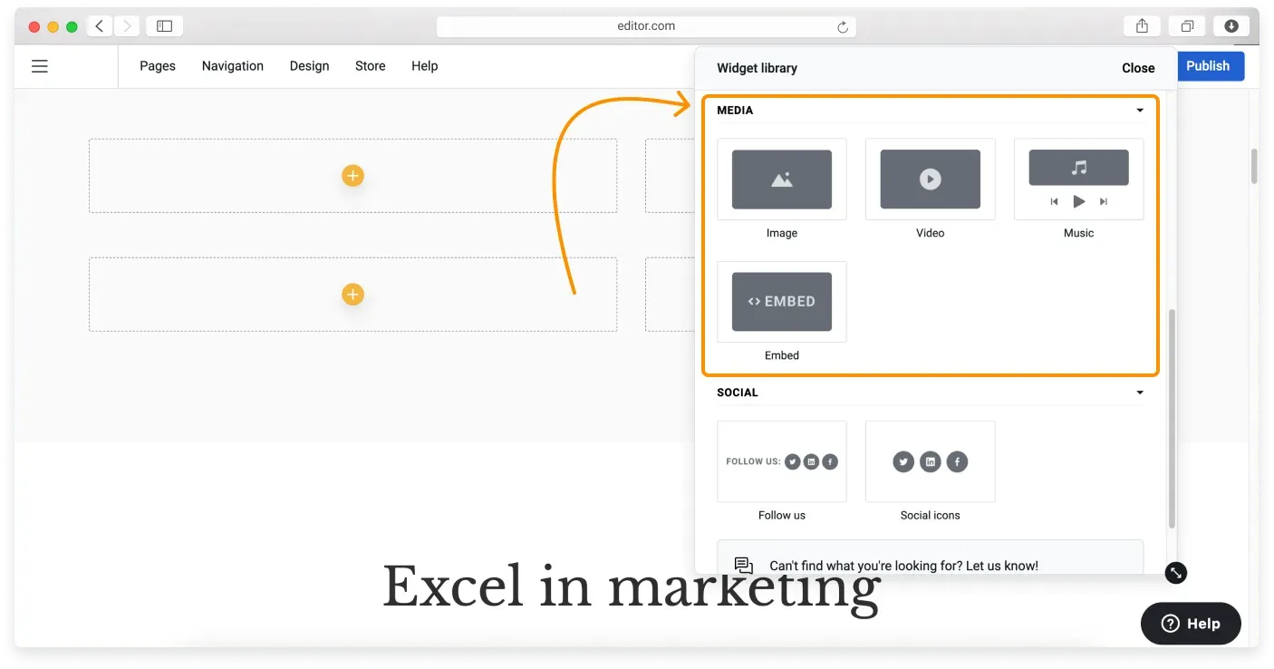The Media widgets section with image, video, music, and embed options