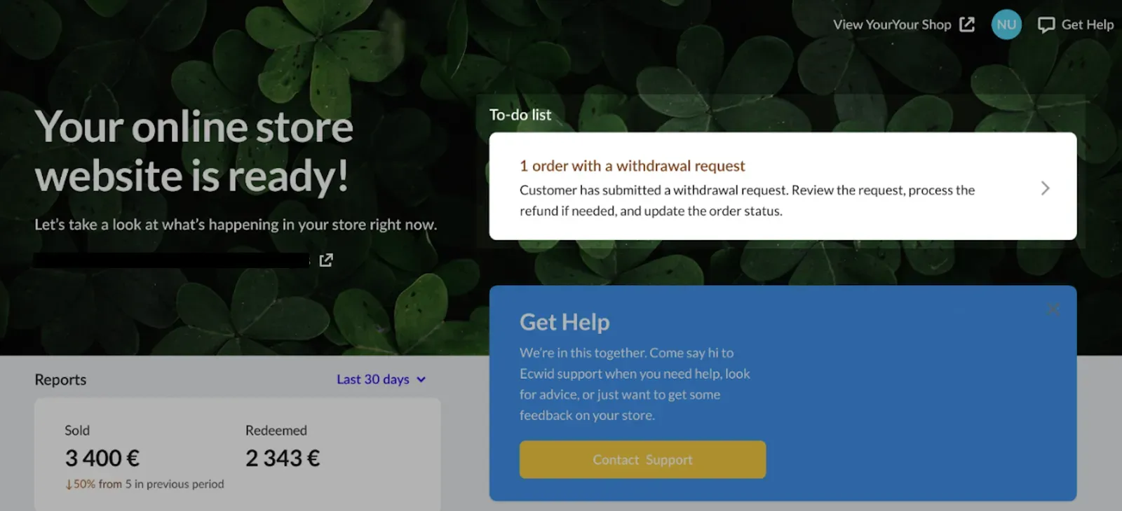 Store admin dashboard showing a withdrawal request notification in the To-do list