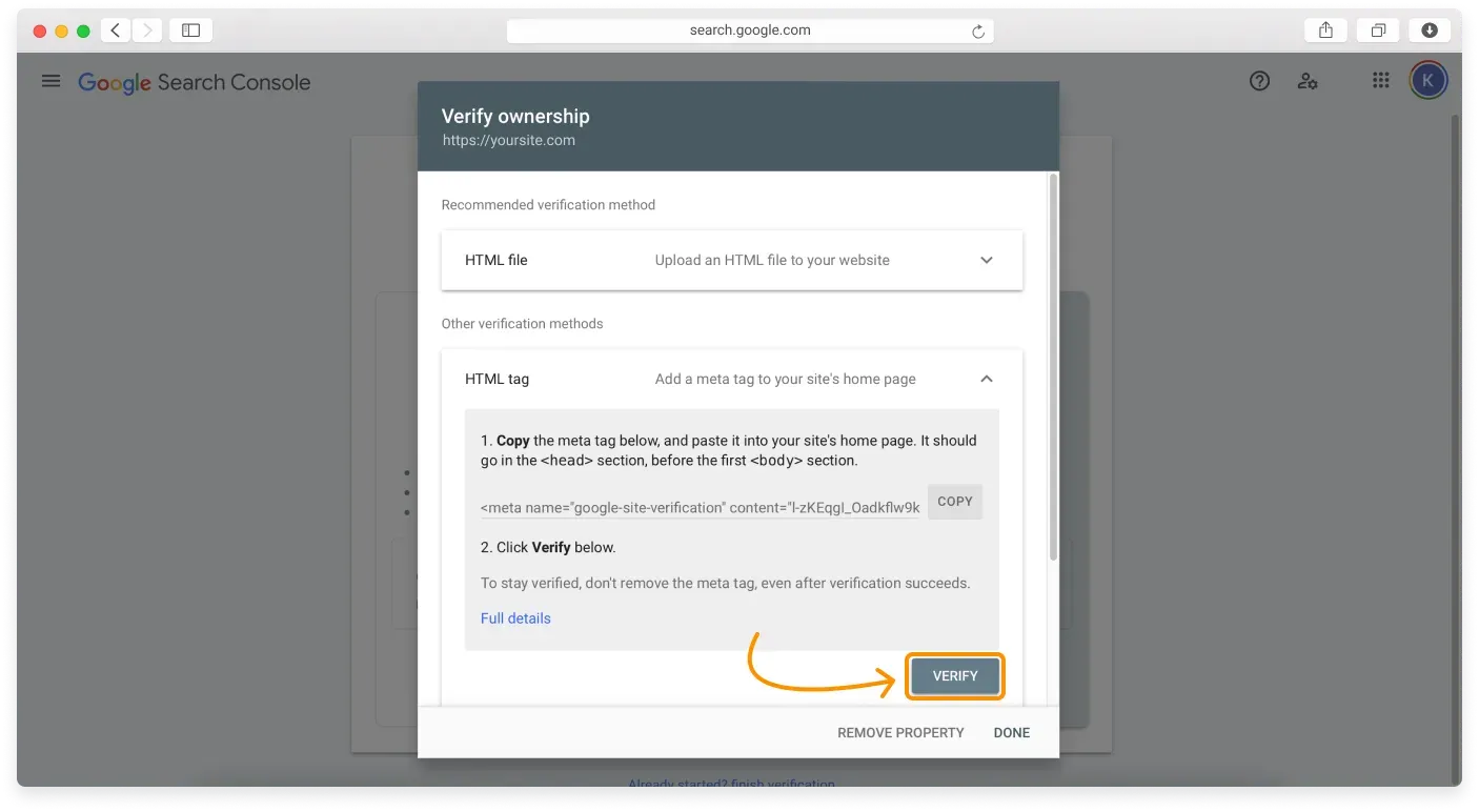 The Google Search Console page with the Verify button