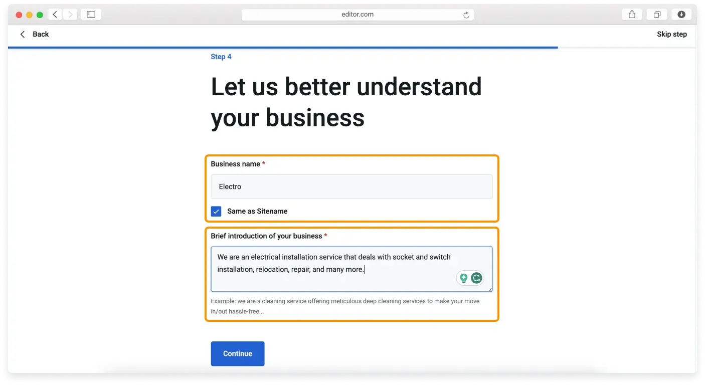 The wizard step for adding a business name and a short introduction to your business