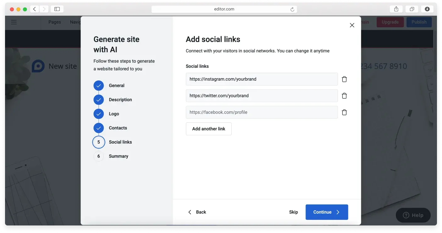 The Social links step where you add and remove social media links