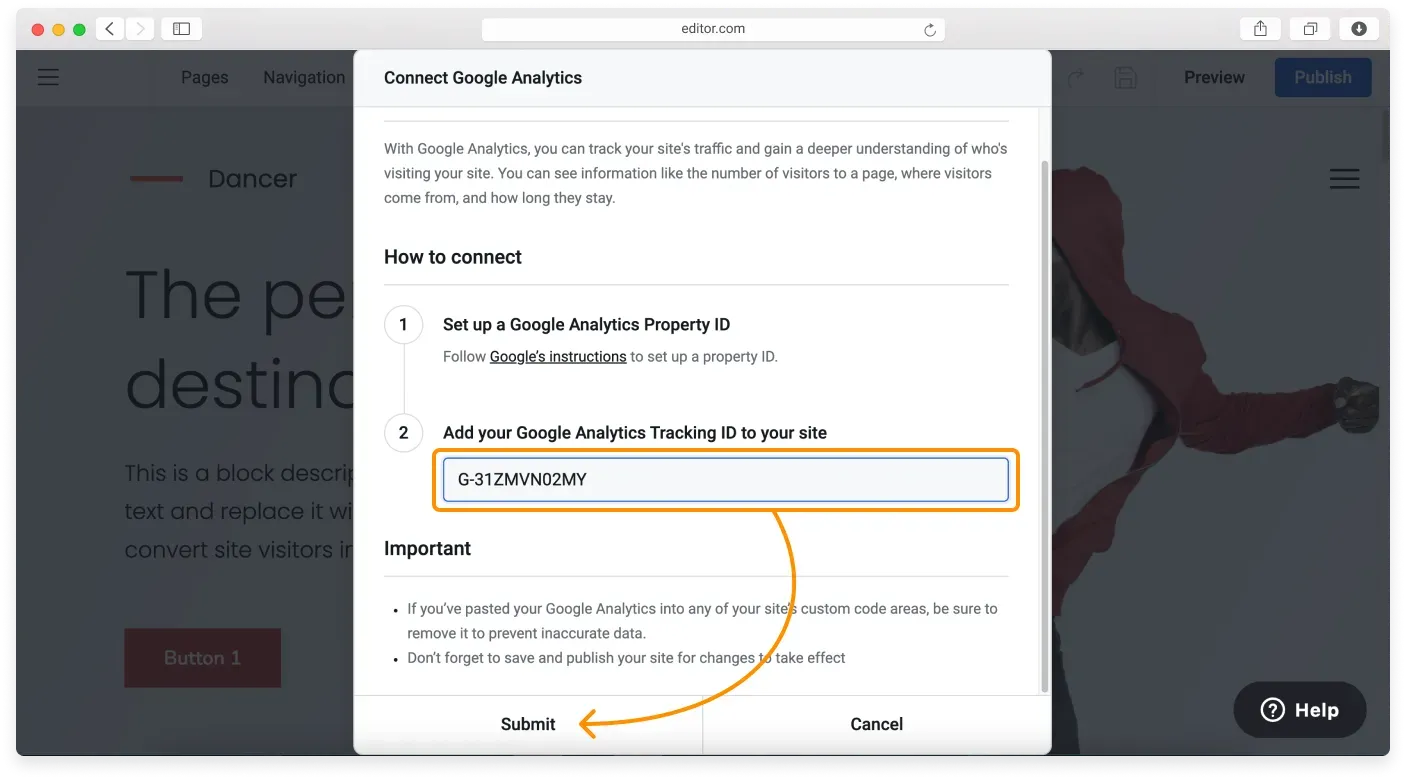 The Connect Google Analytics window with a field for the Measurement ID
