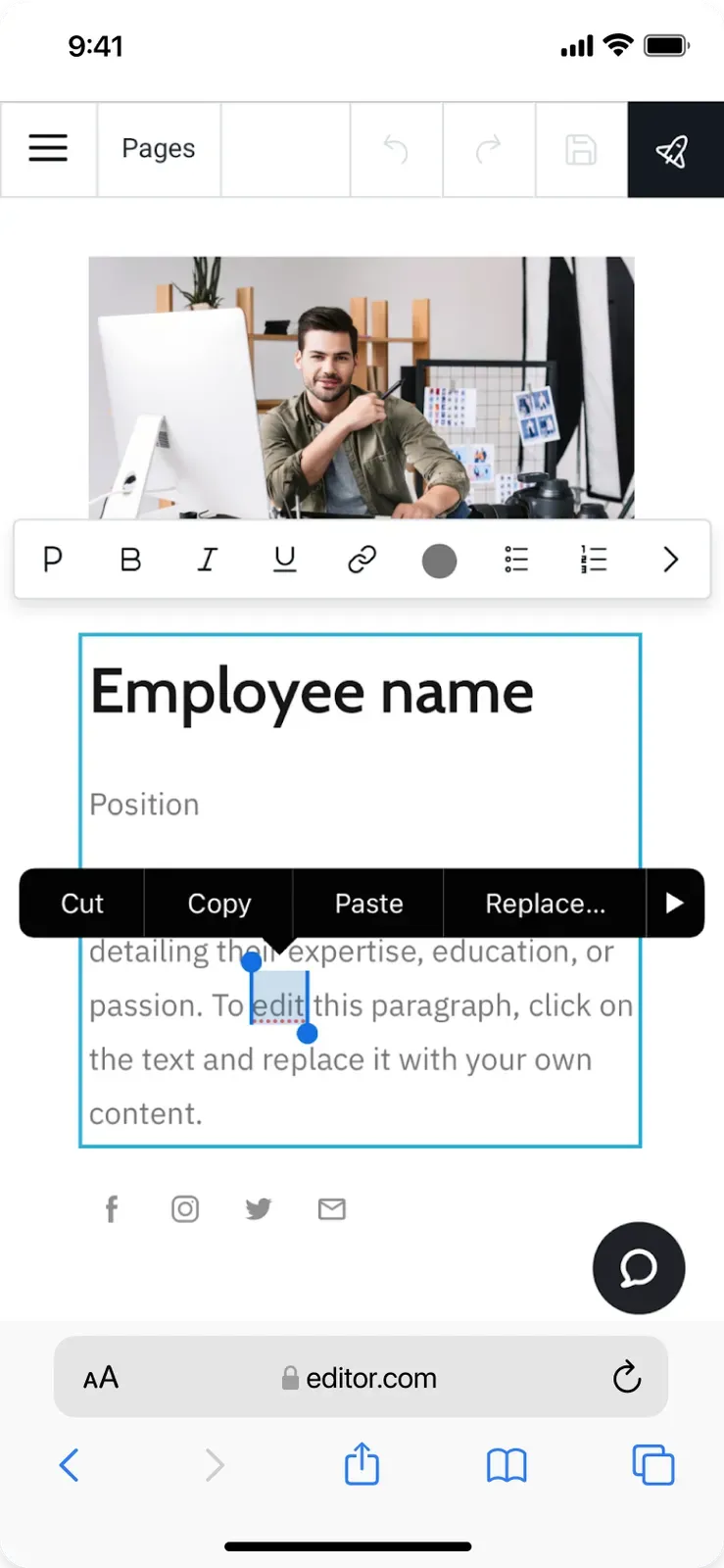Editing a text block on mobile after tapping the demo text twice