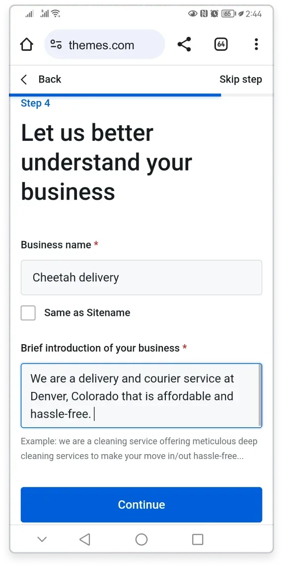 Business details screen on mobile for a business name and short introduction