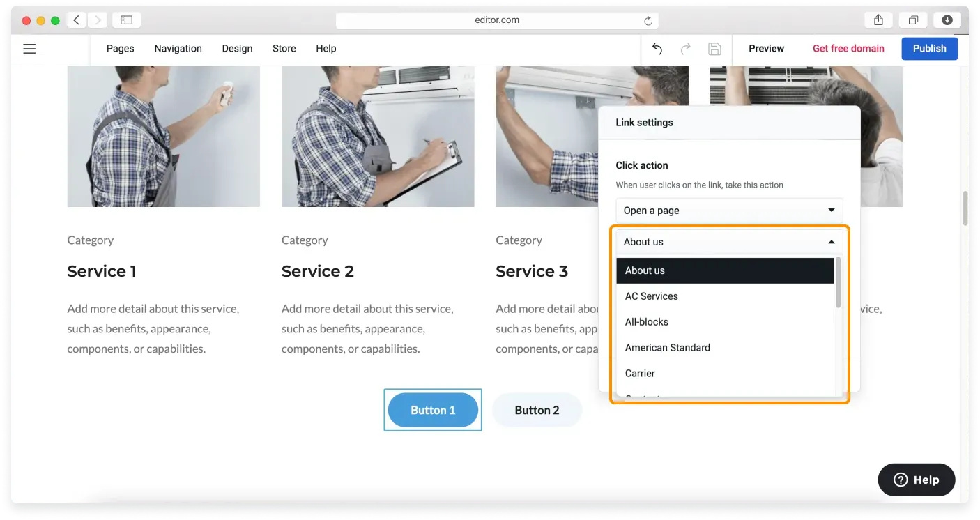 Choosing which page opens from the Open a page dropdown menu