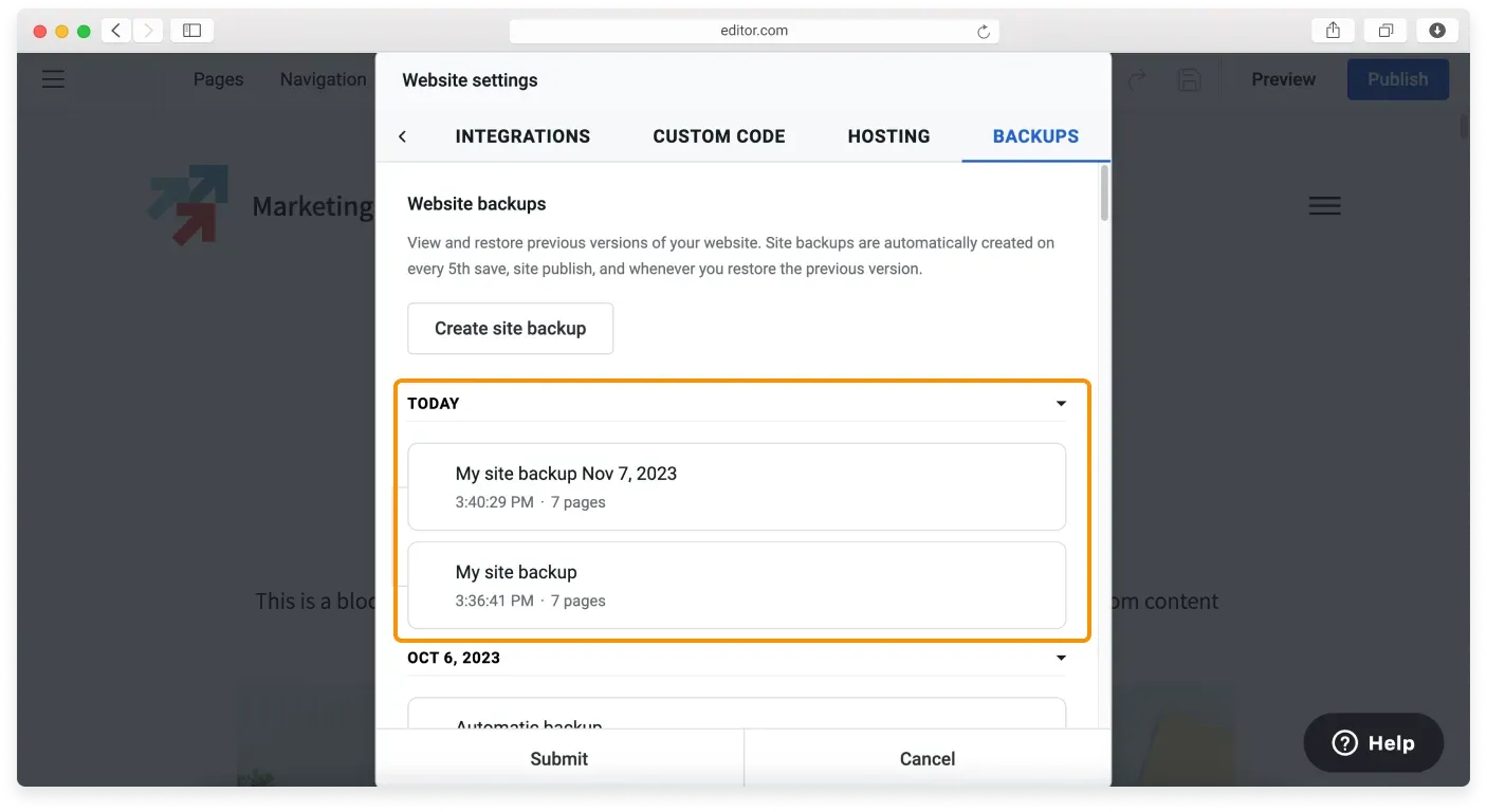 The Website backups list showing each backup with its date, time, and page count