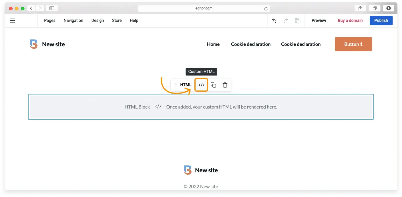 The Custom HTML button in the HTML block