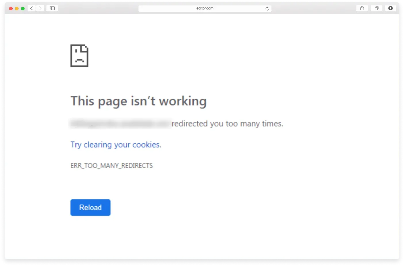 A browser showing the ERR_TOO_MANY_REDIRECTS error message