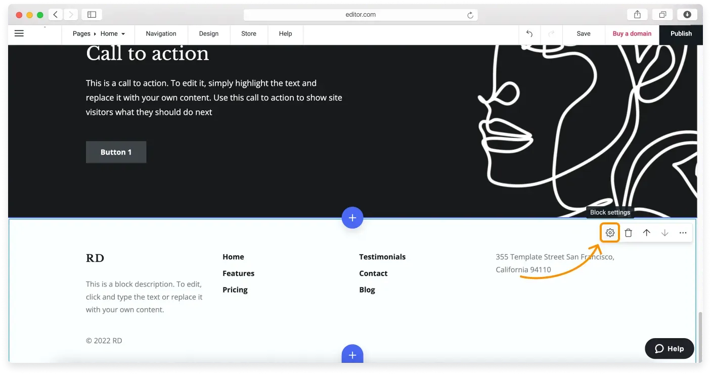 Hovering over the footer to open its Block settings
