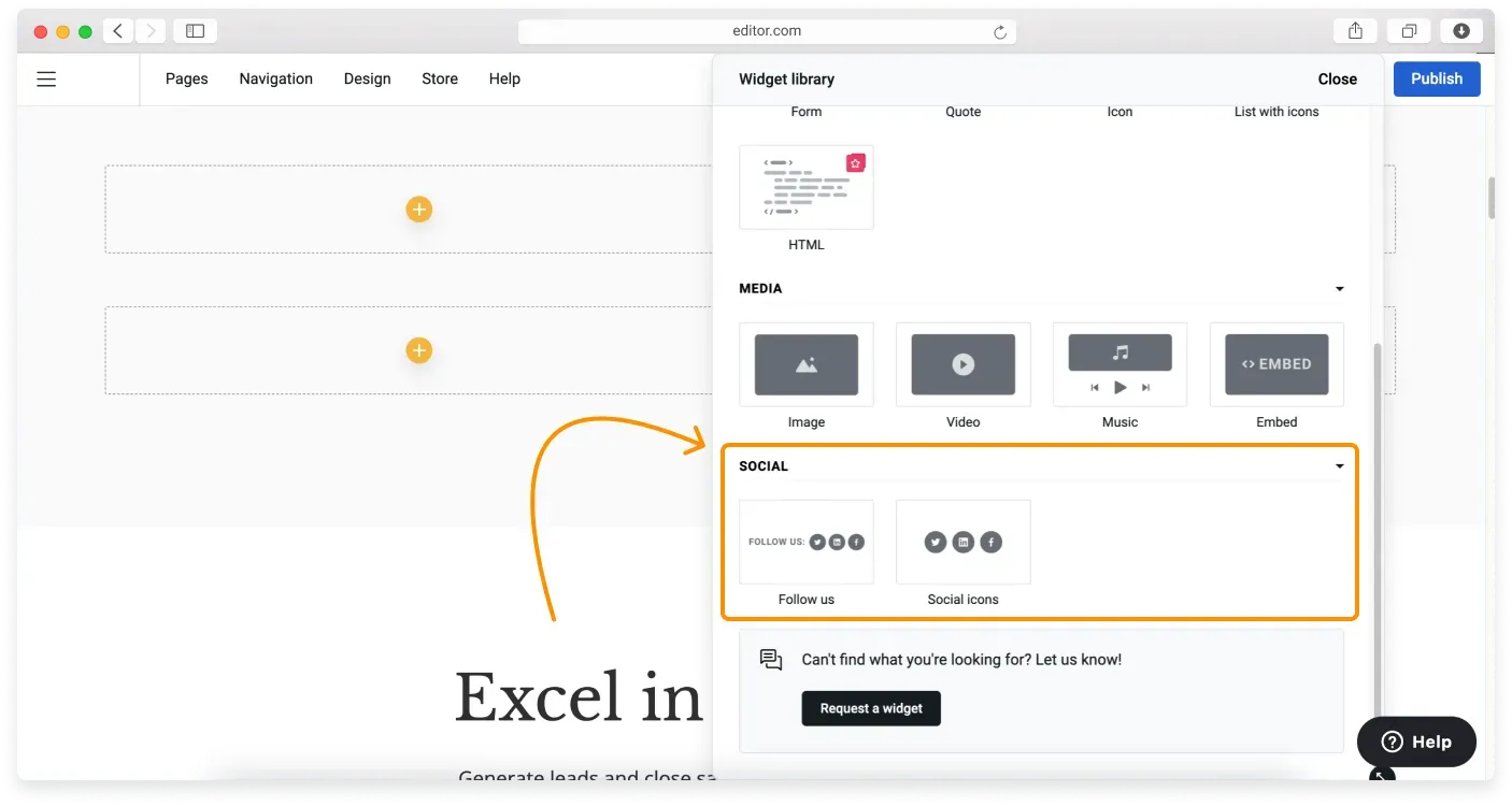 The Social widgets section with social icons and a Follow us widget