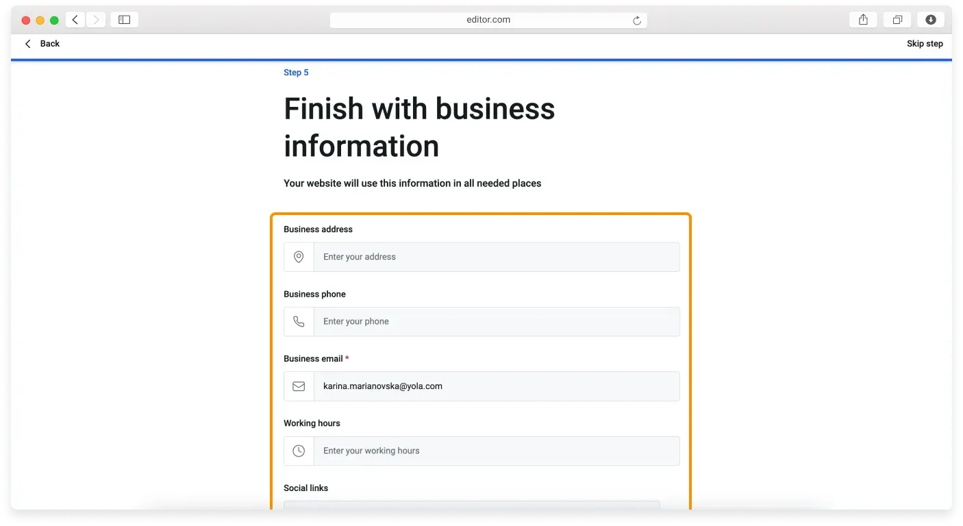 The final wizard step for entering business contact details like address, phone, email, and working hours