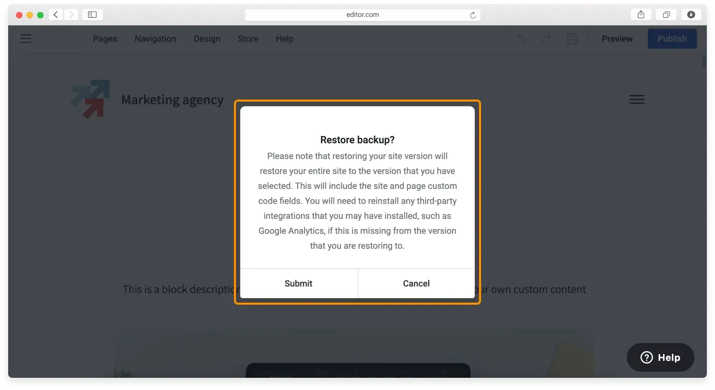 A warning popup asking you to confirm restoring a previous backup