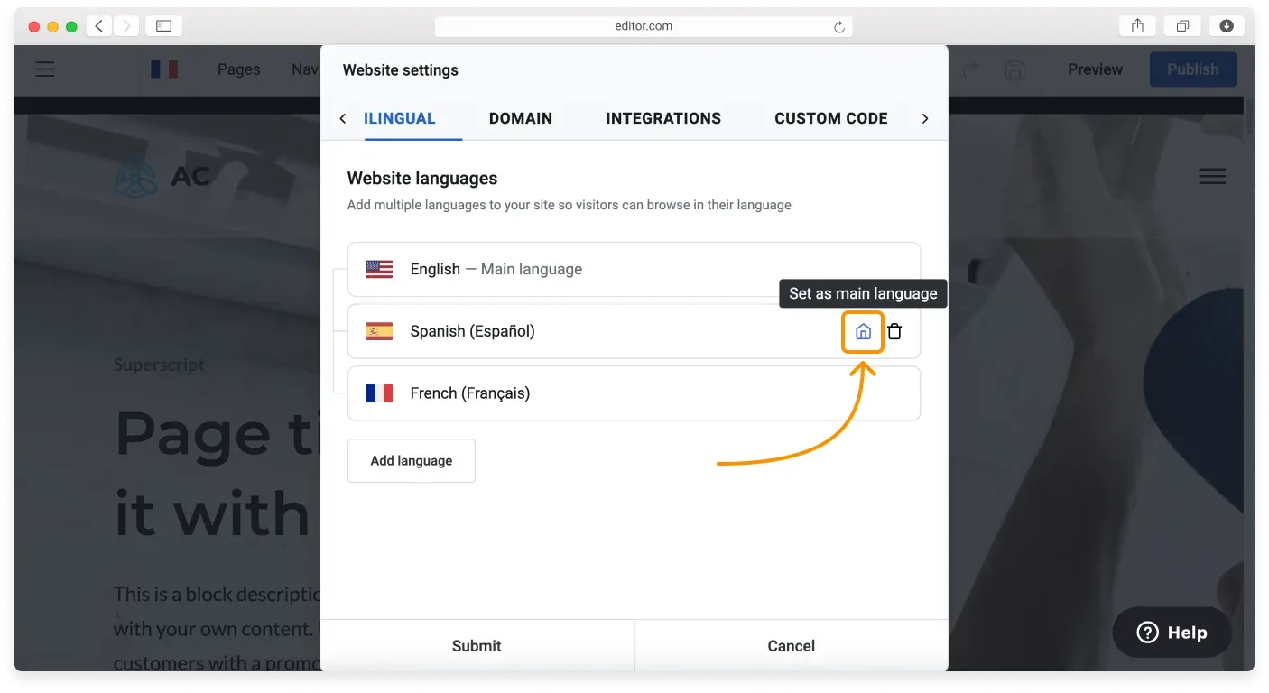 The house icon next to a language for setting it as the main language