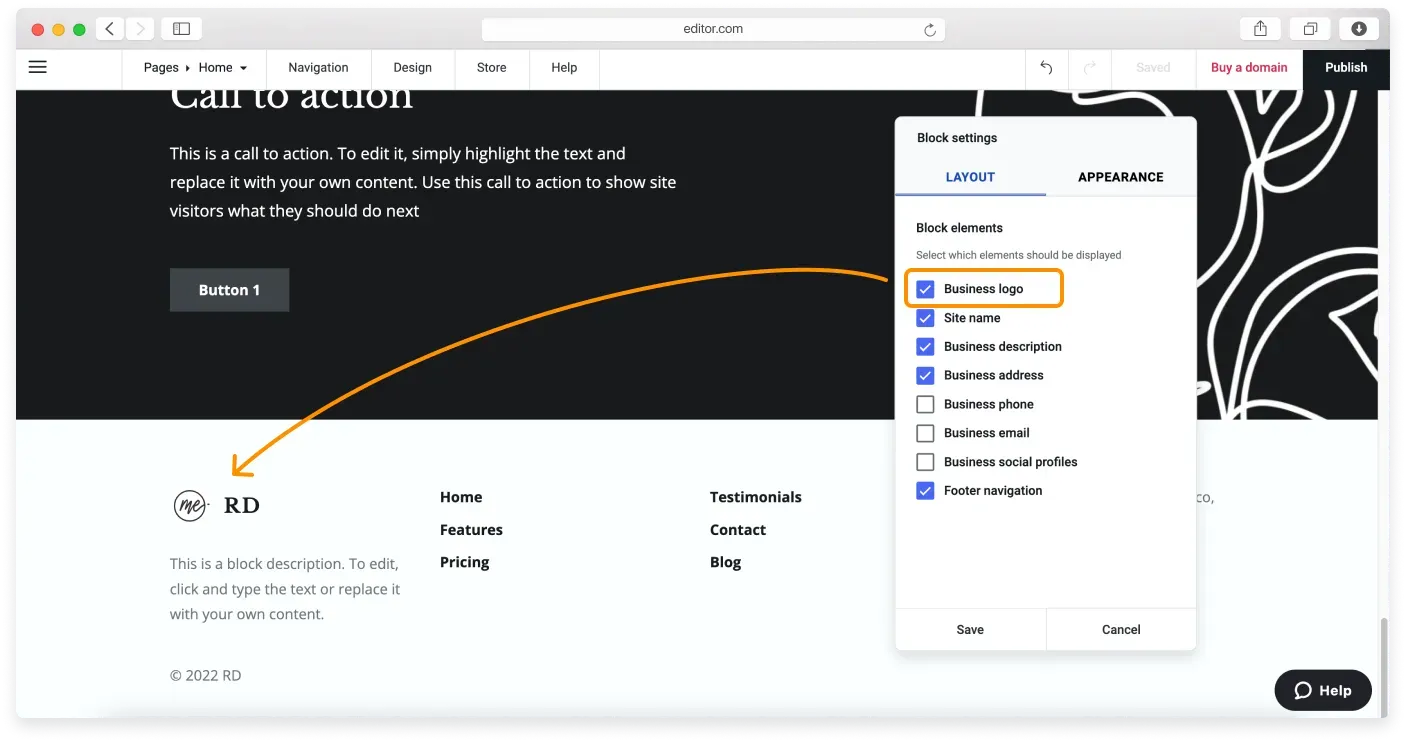 The Business logo option in the footer Layout tab