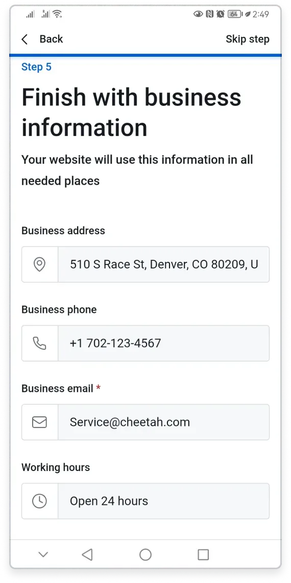 Business information form on mobile for entering contact details