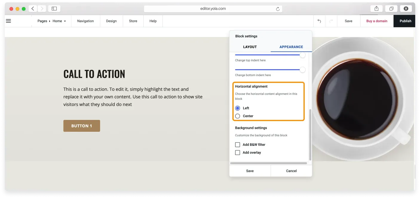 Radio buttons for aligning block content to the left or center