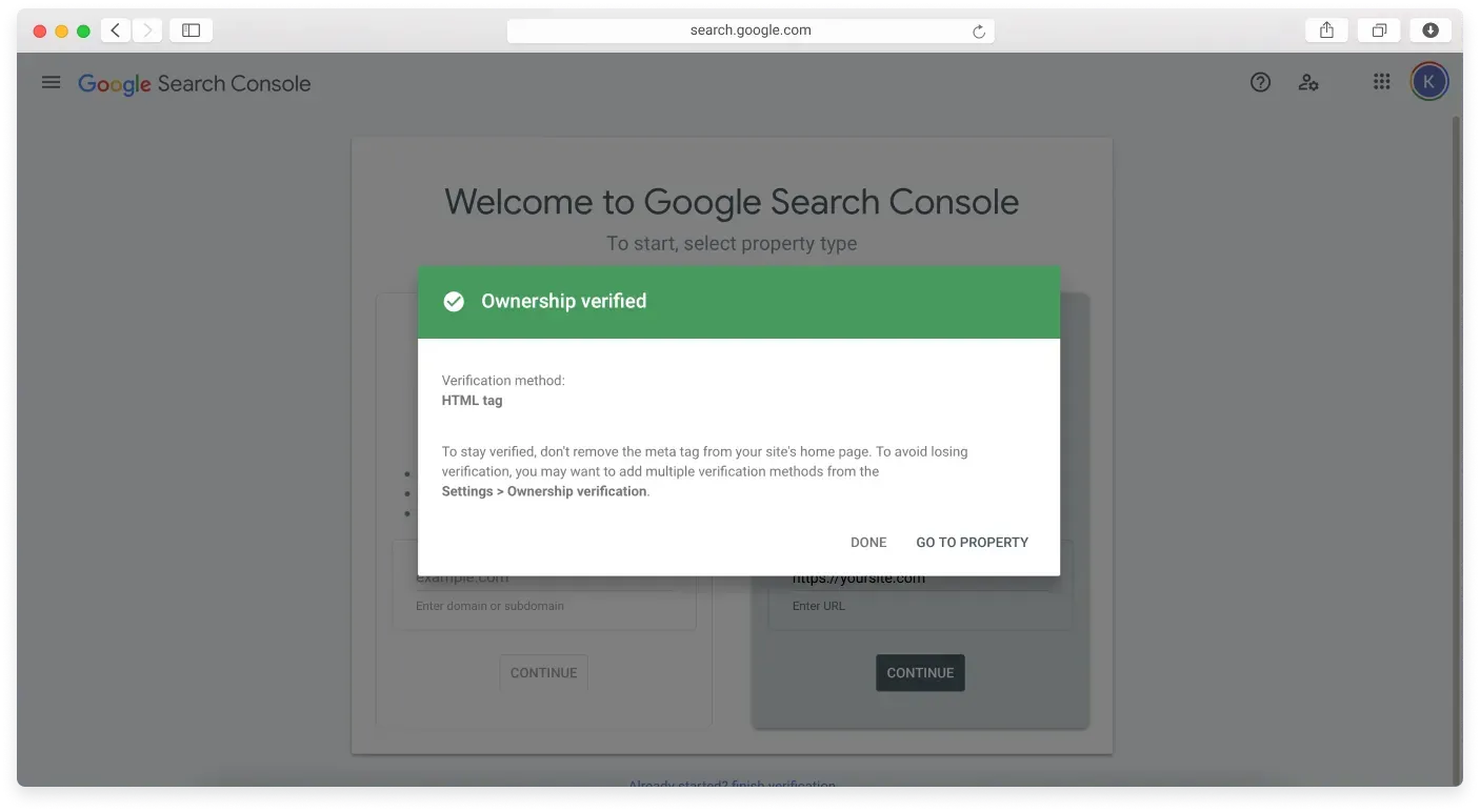 The Ownership verified confirmation message in Google Search Console