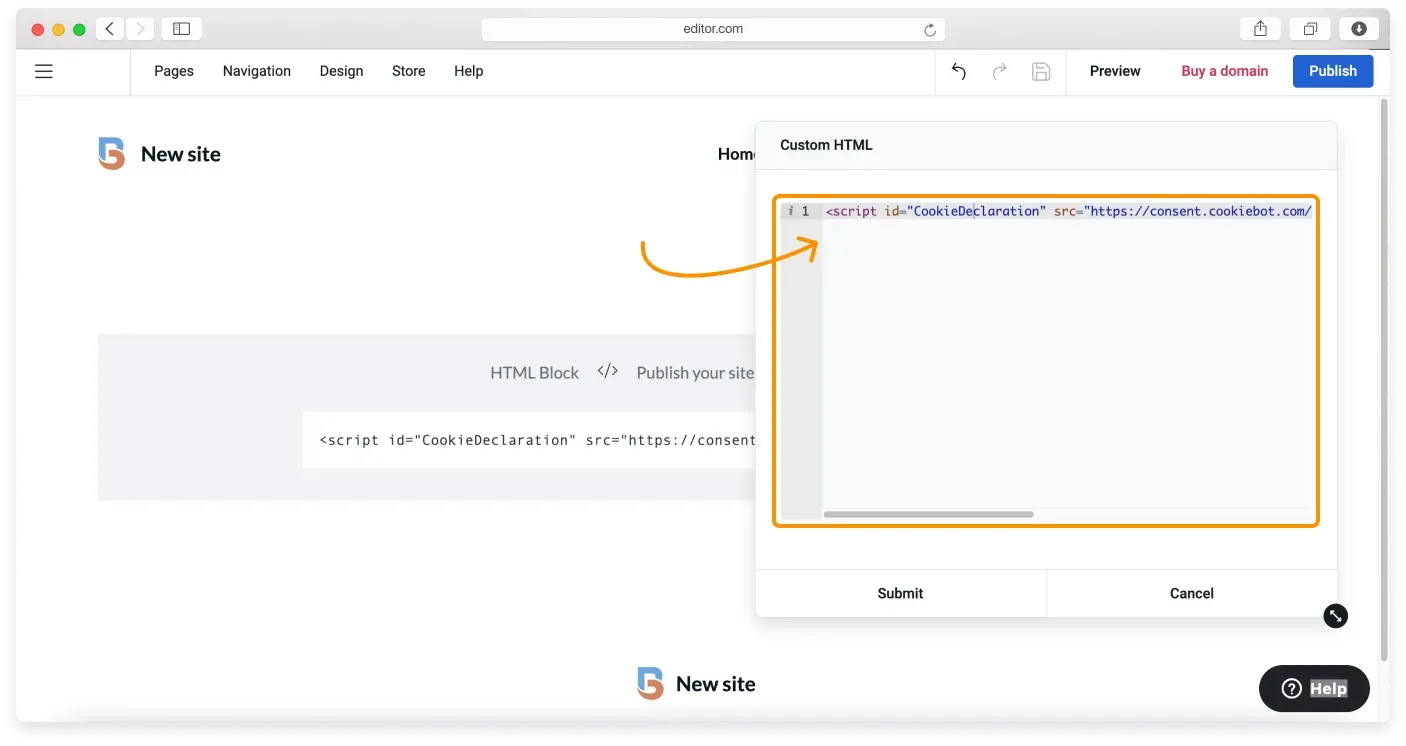 The CookieBot declaration script pasted into the HTML code editor