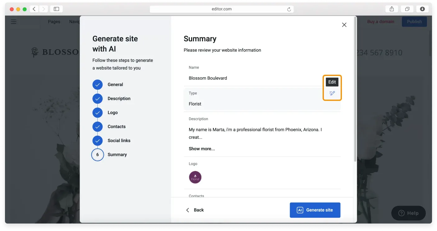 The Summary step showing all the information you provided before generating the site