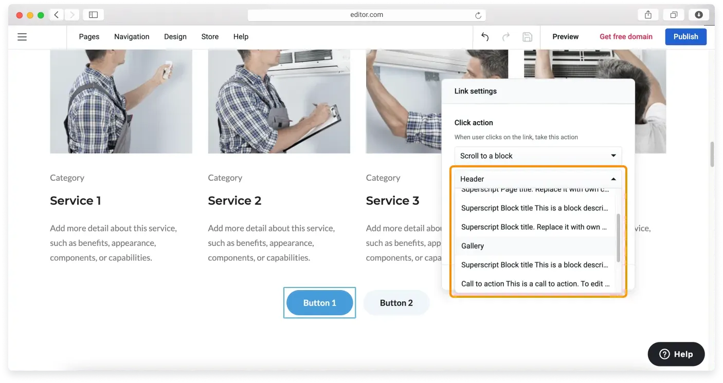 Selecting a target block for the Scroll to a block action
