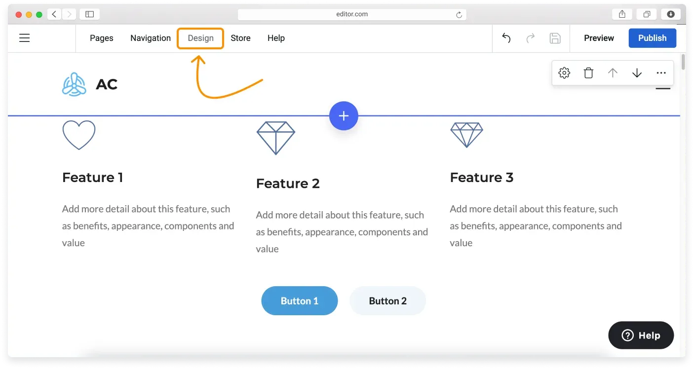 The Design option on the Website Builder Topbar