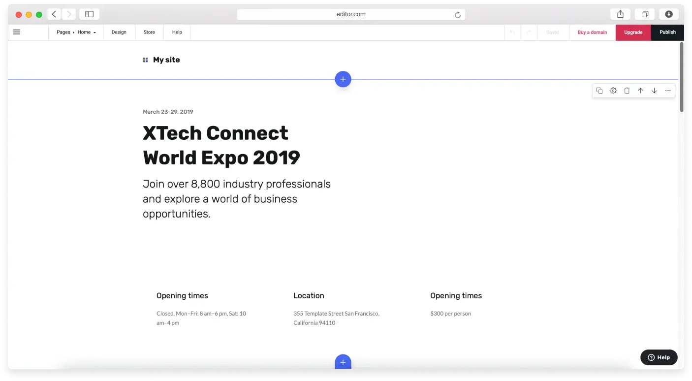 A new website open in the builder, showing a header, several content blocks, and a footer