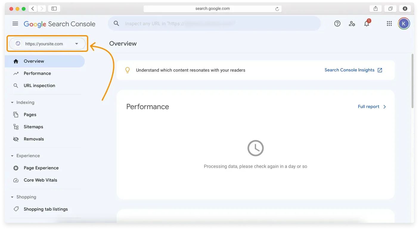 The Google Search Console dashboard with the site selector