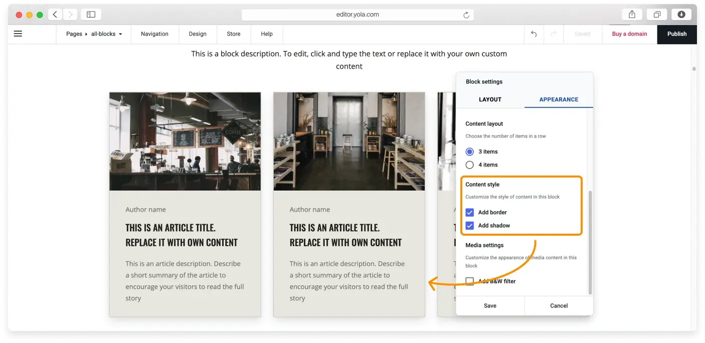 Checkboxes for adding a border and a shadow to block elements