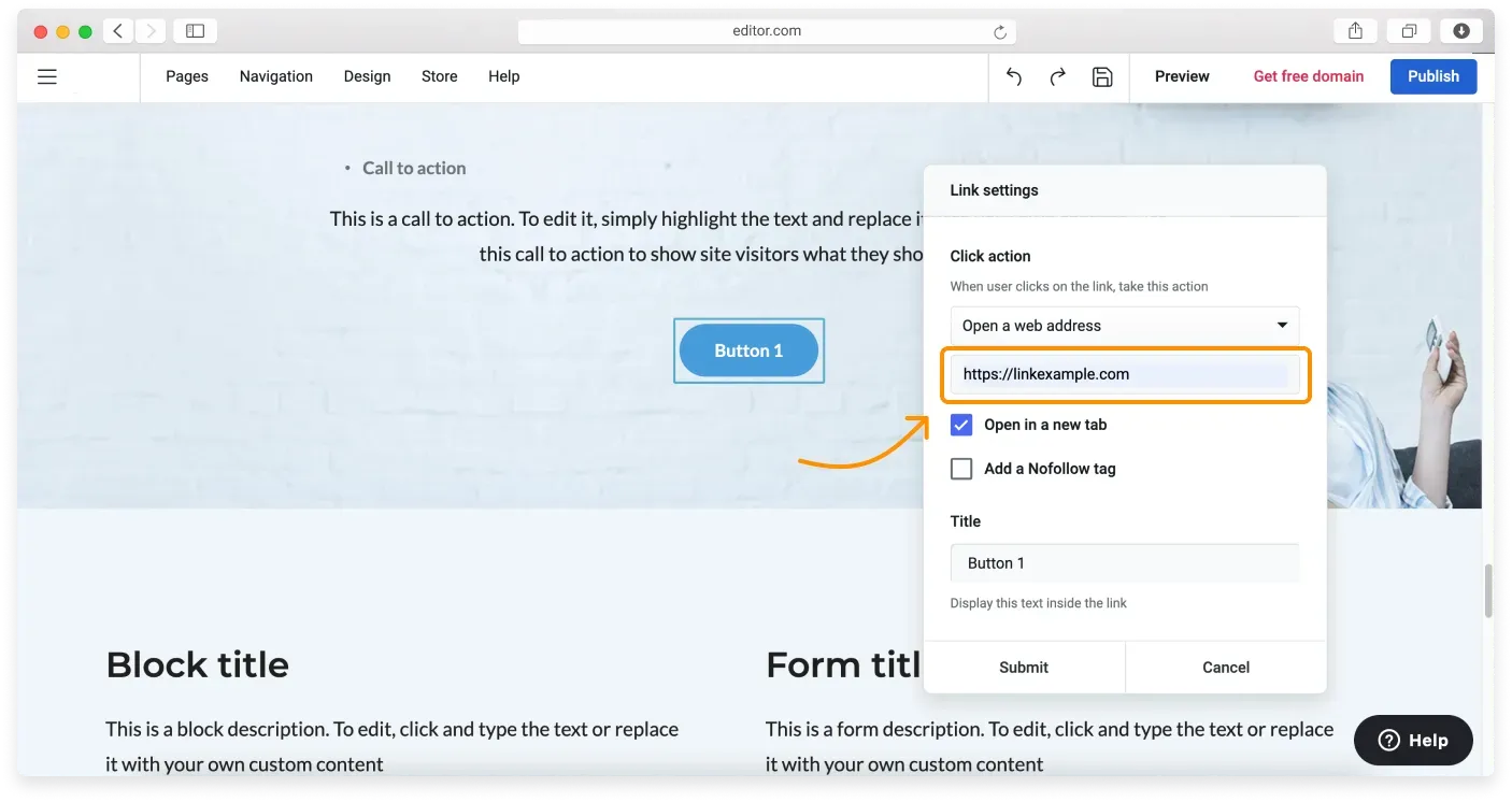 Pasting an external URL into the Click action field
