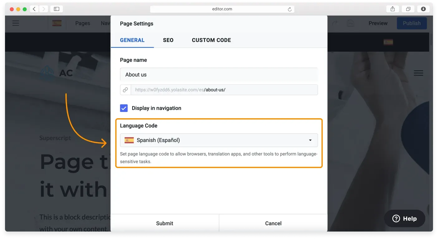 The Language Code setting shown in a page’s Page Settings