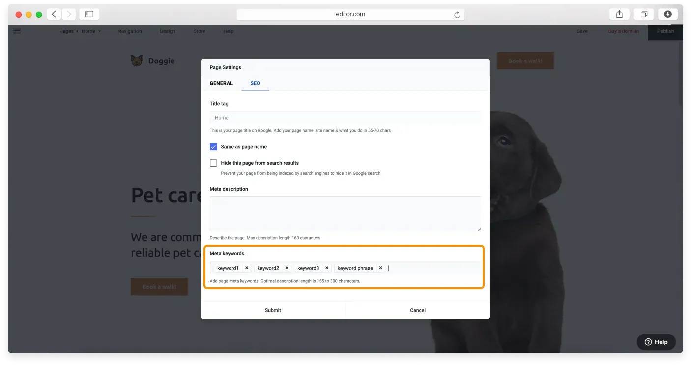 The Meta keywords field with keywords entered as removable tags