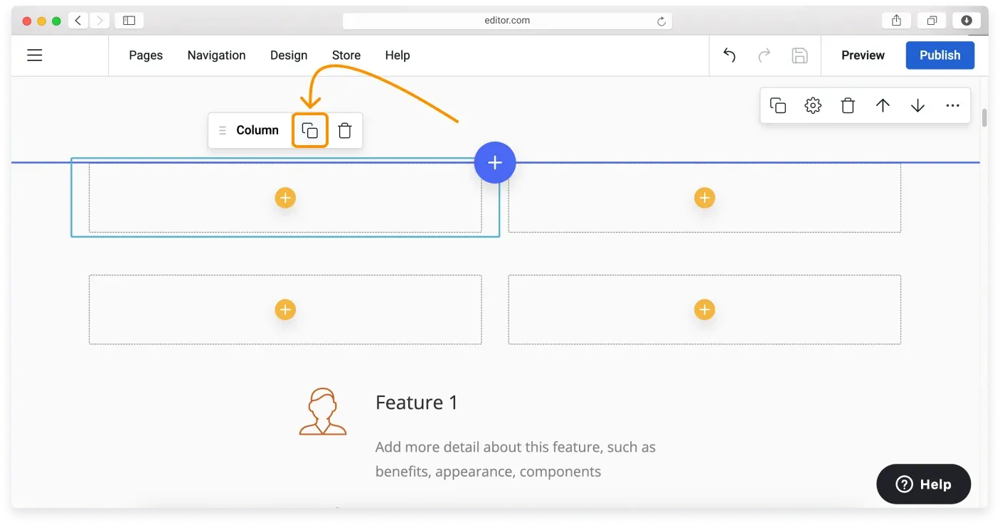 The Duplicate button shown on a widget’s control pane