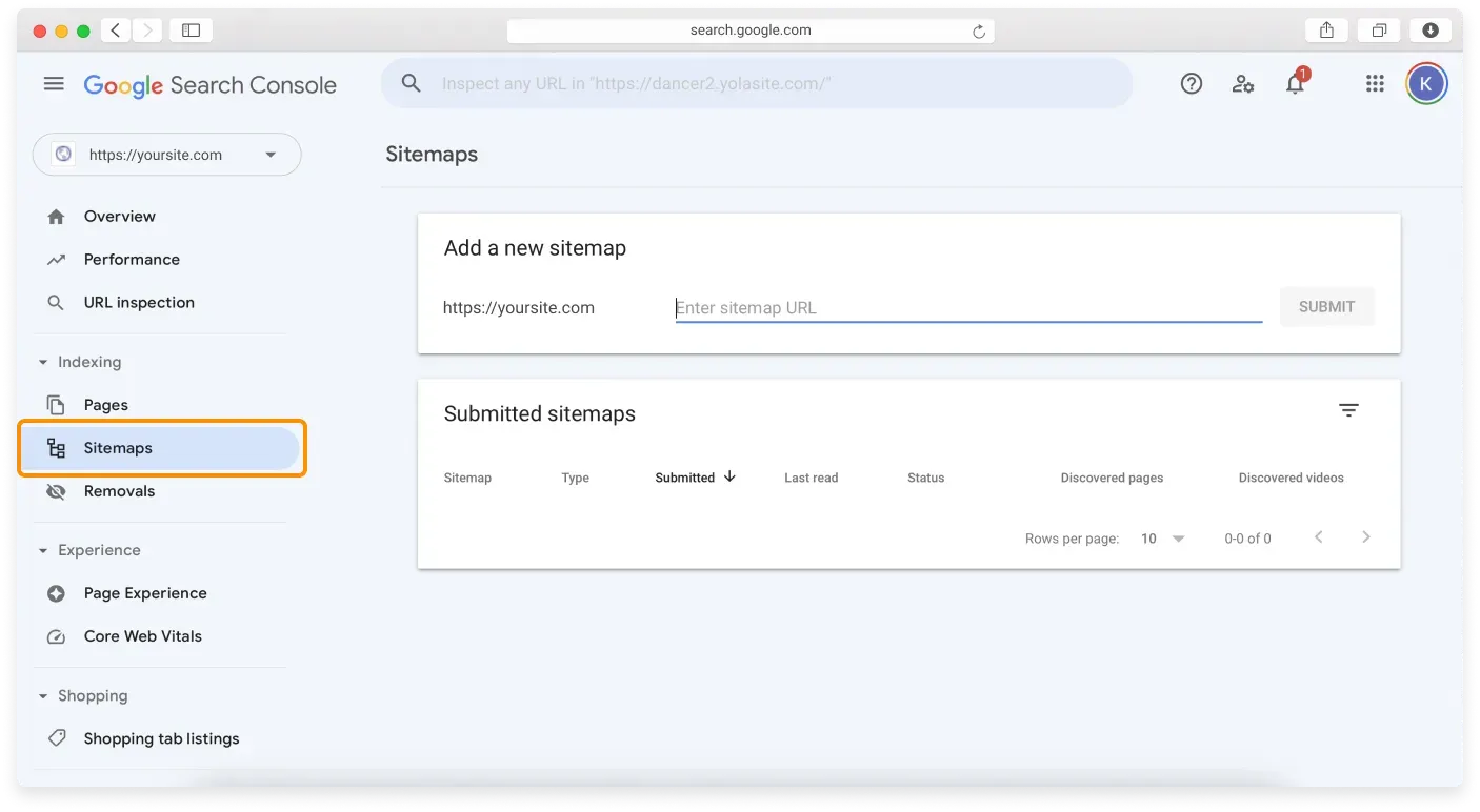 The Sitemaps option in the Google Search Console sidebar