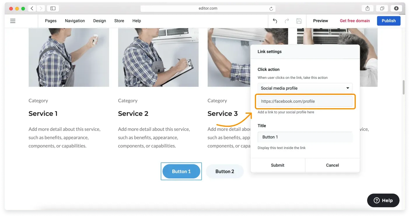 Pasting a social media URL into the Click action field