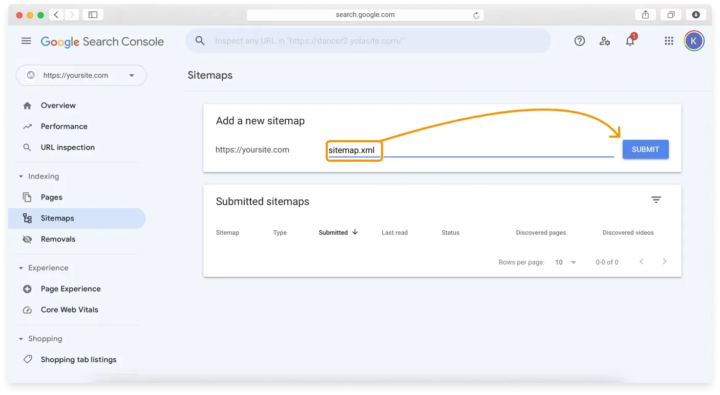 The Add a new sitemap field with sitemap.xml entered