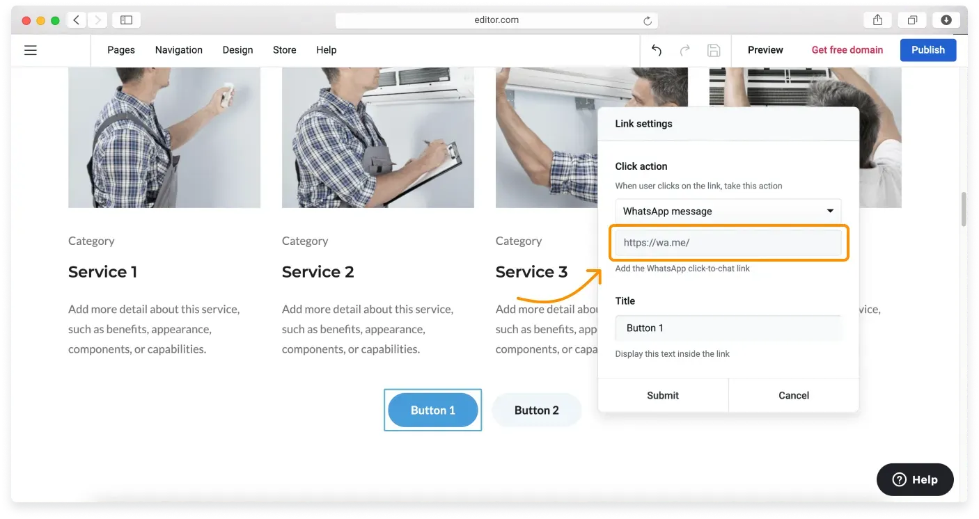 Pasting a WhatsApp click-to-chat link into the Click action field
