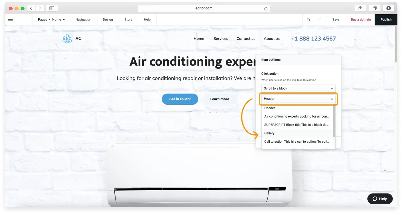 Configuring the Scroll to a block click action