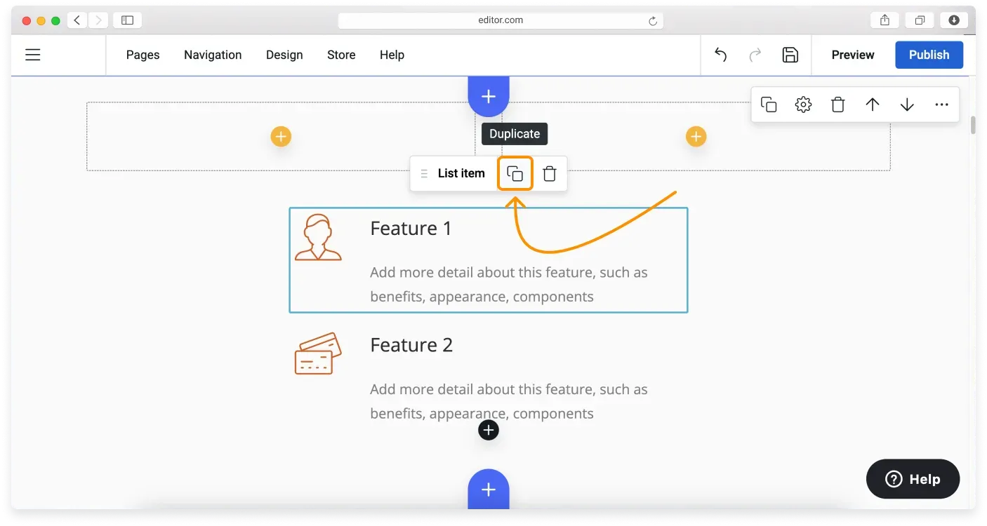 The Duplicate button on a single item inside the List with icons widget